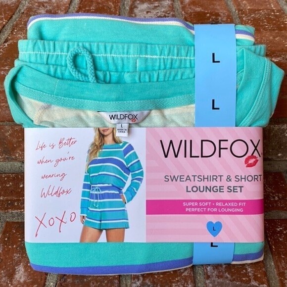 Wildfox Sweatshirt and Short Lounge Set with Pockets in Blue Stripe - Picture 1 of 7